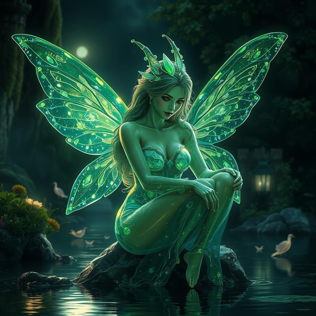 Ethereal Glass Fairy Sits Serenely in the Magical Garden