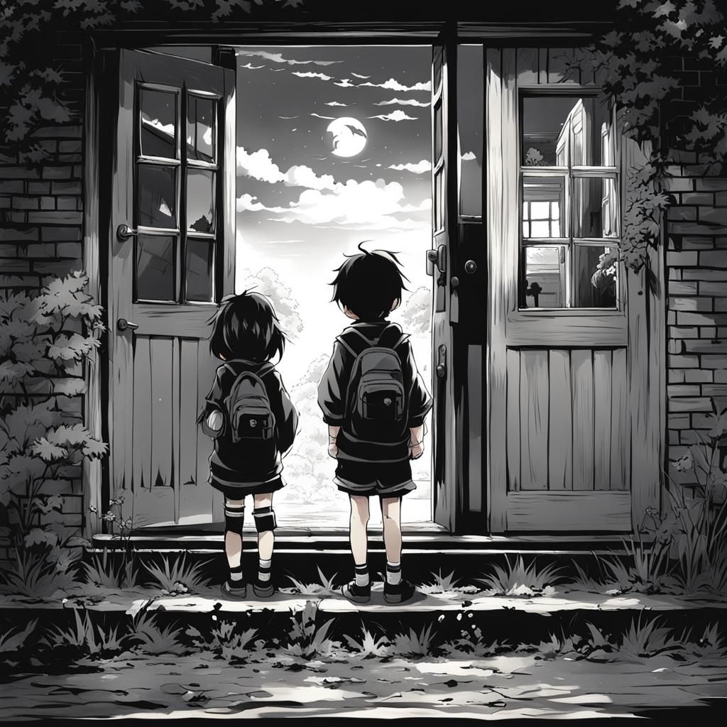 Eerie Black Eyed Children in Anime Style