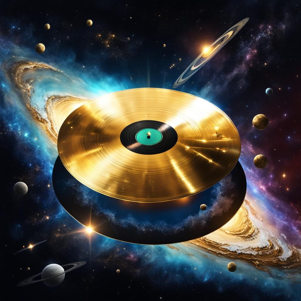 Golden Record Floating in Space with Galaxy