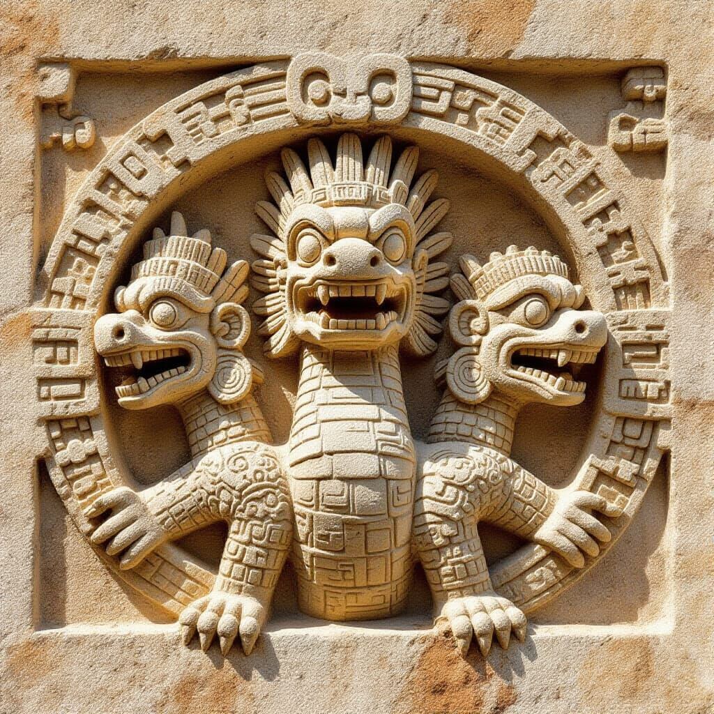 Mayan Sandstone Carving of a Three-Headed Serpent