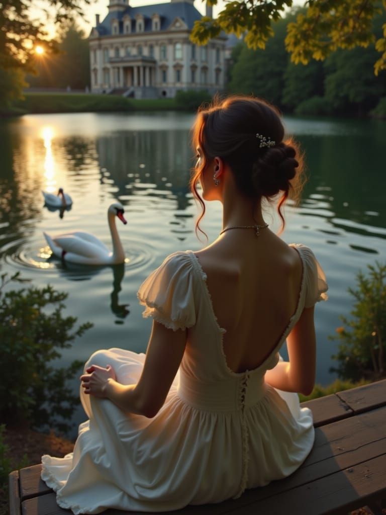 Woman Watches Swan by Castle at Golden Hour