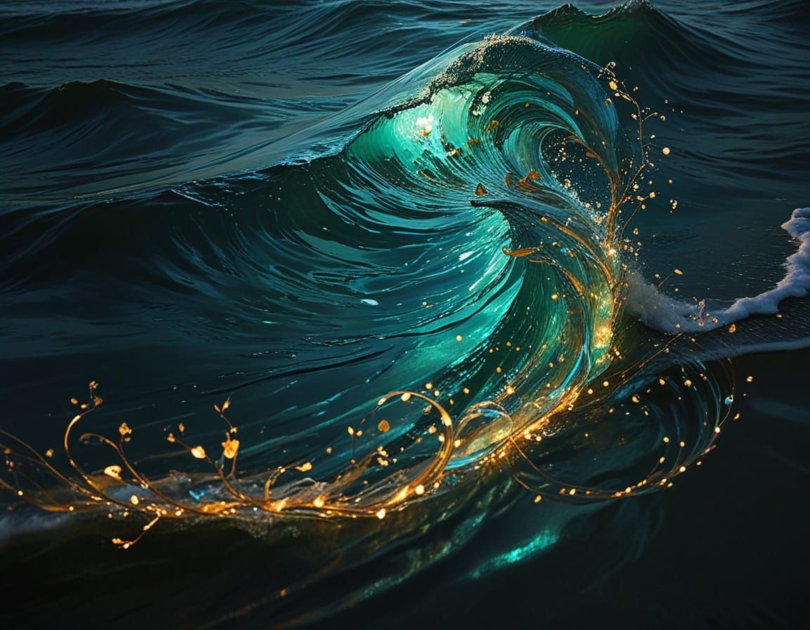 Twilight Seascape with Swirling Waves and Golden Memories