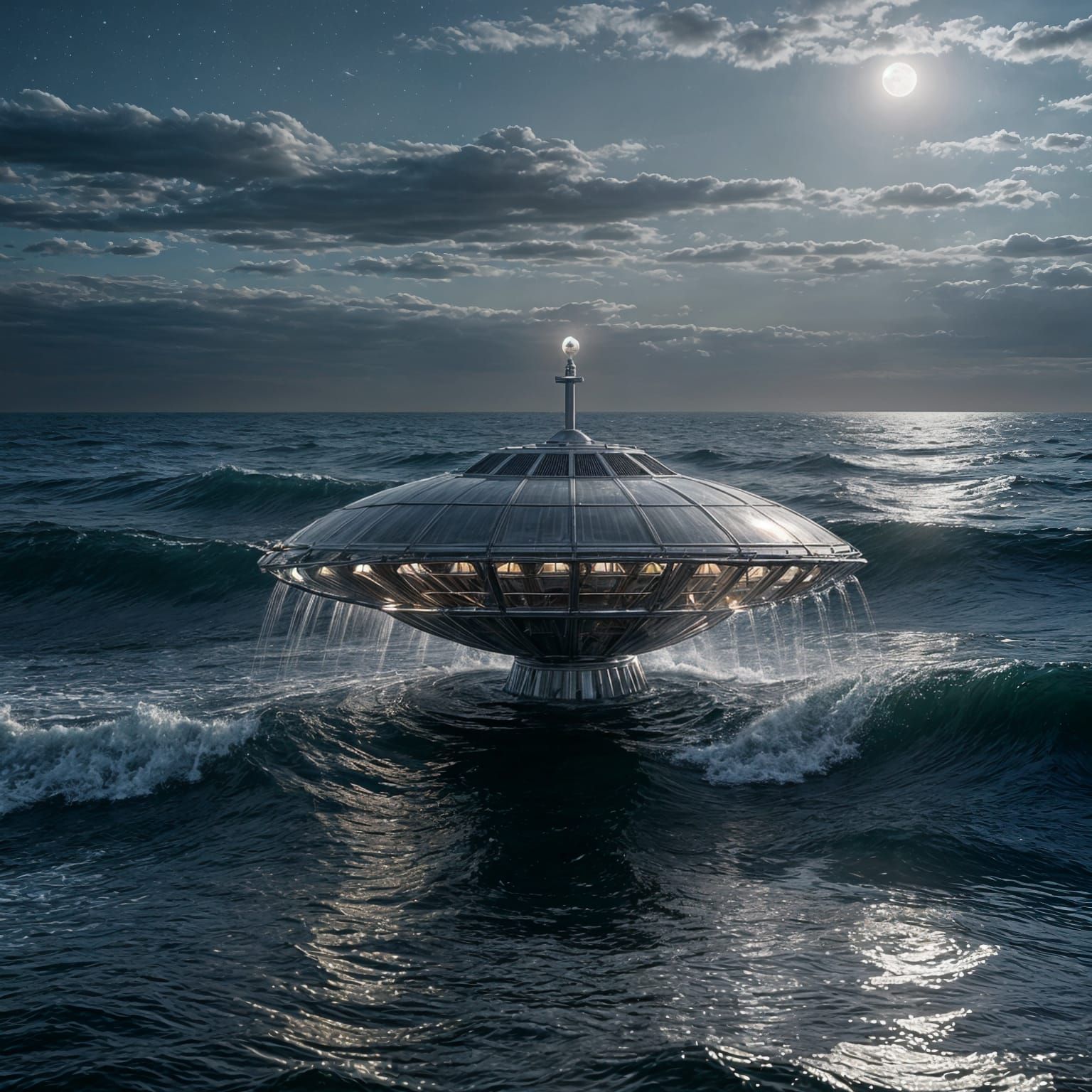 Silver UFO Emerges from Moonlit Ocean in Cinematic Realism