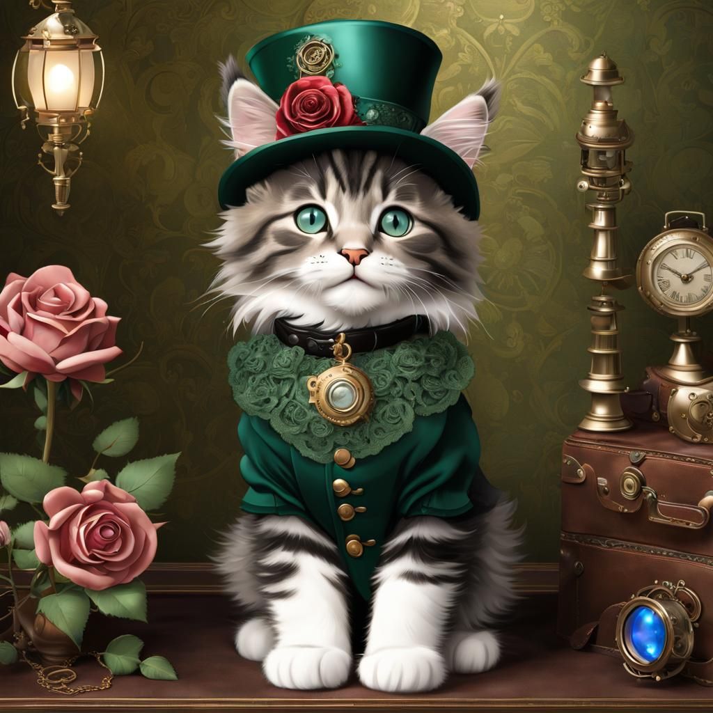 Steampunk Maine Coon Kitten in Ornate Dress