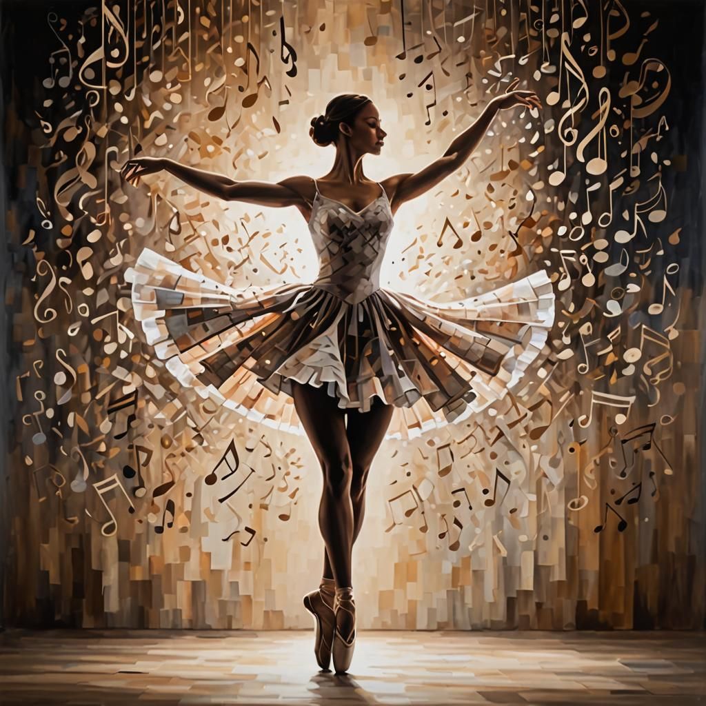Ballerina Dancing in Silhouette Art with Music Notes