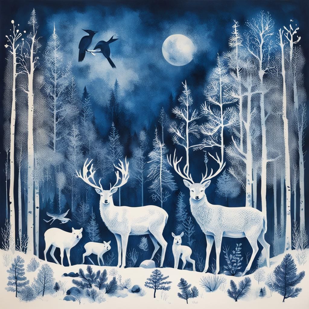 Arctic Woodland Animals Celebrate Winter Solstice: Cyanotype