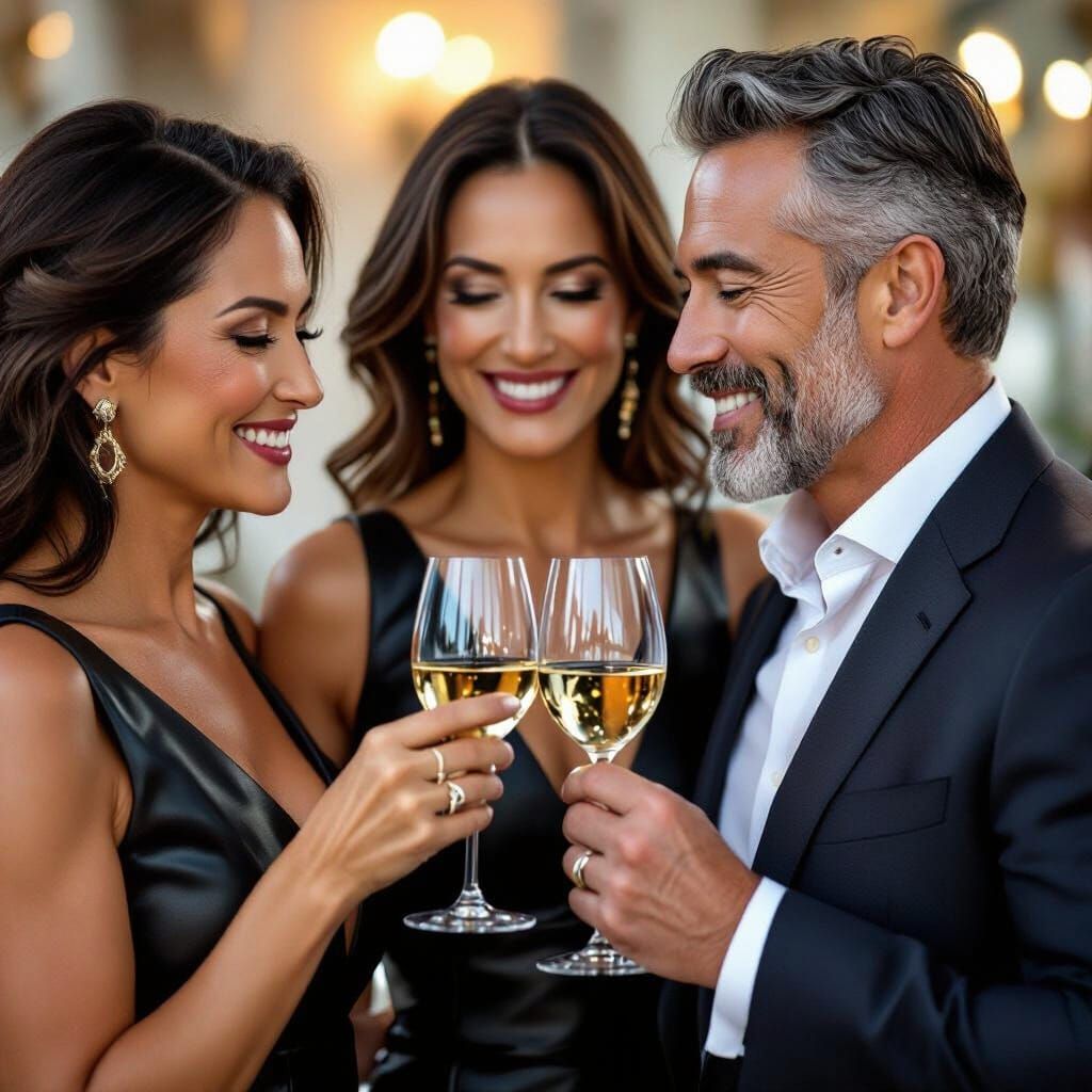 Elegant Toast: Women in Leather and Man in Suit