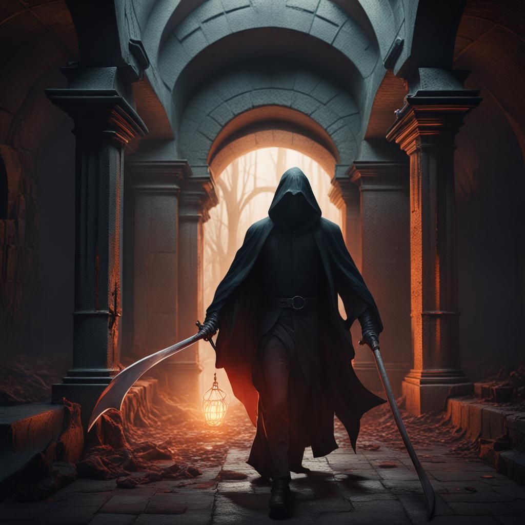 Man Escaping Grim Reaper in Crypt: Fantasy Art