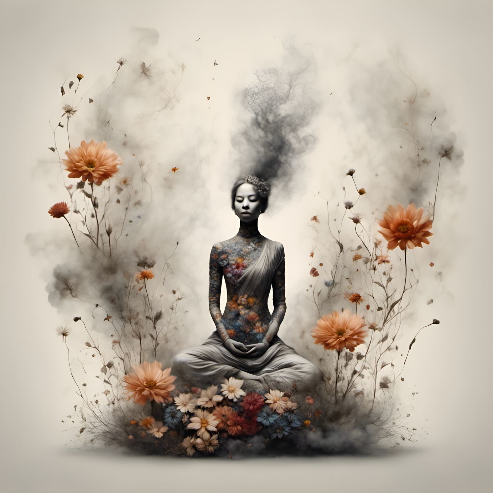 Ethereal Buddhist Meditation with Flowers and Smoke