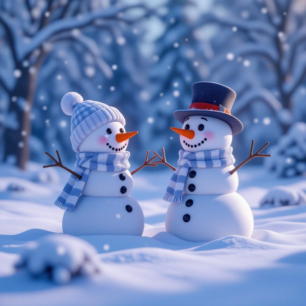 Whimsical Snow Landscape with Snowman, 3D Render