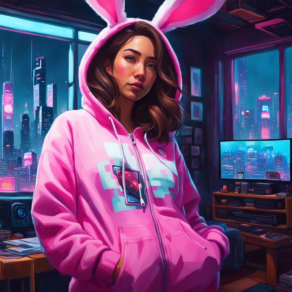 Woman in Cyberpunk Penthouse, Digital Art