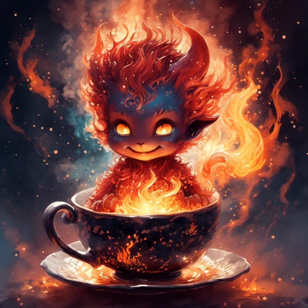 Adorable Fire Demon in Teacup Digital Art