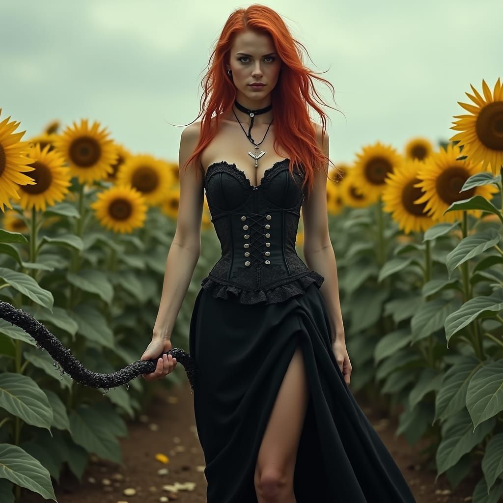 Redhead in Corset with Whip in Sunflower Field