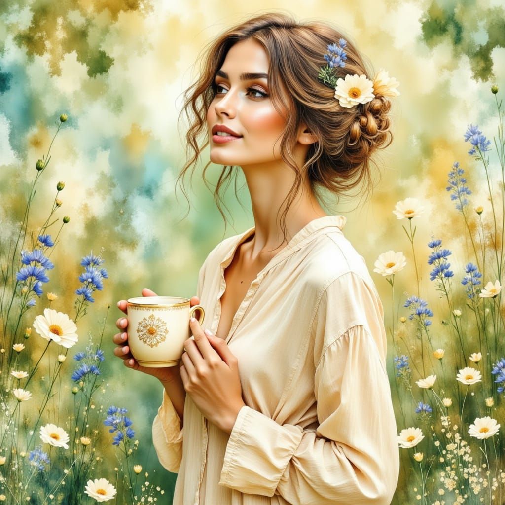 Serene Woman in Sunlit Garden with Wildflowers