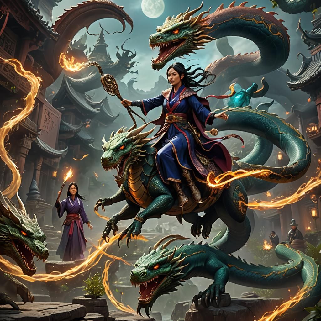 Asian Sorceress Rides Spirit Dragon, Casting Spells