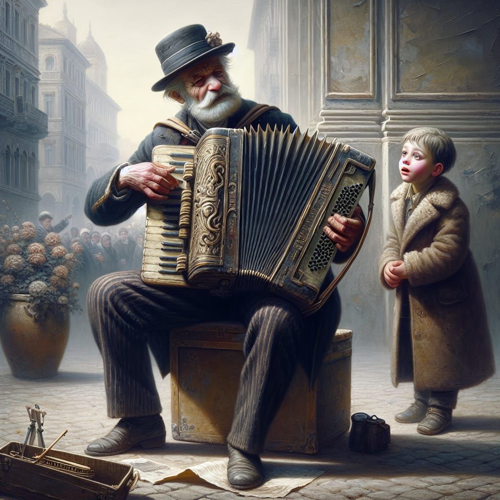 Italian Street Artist and Child, Oil on Canvas Style