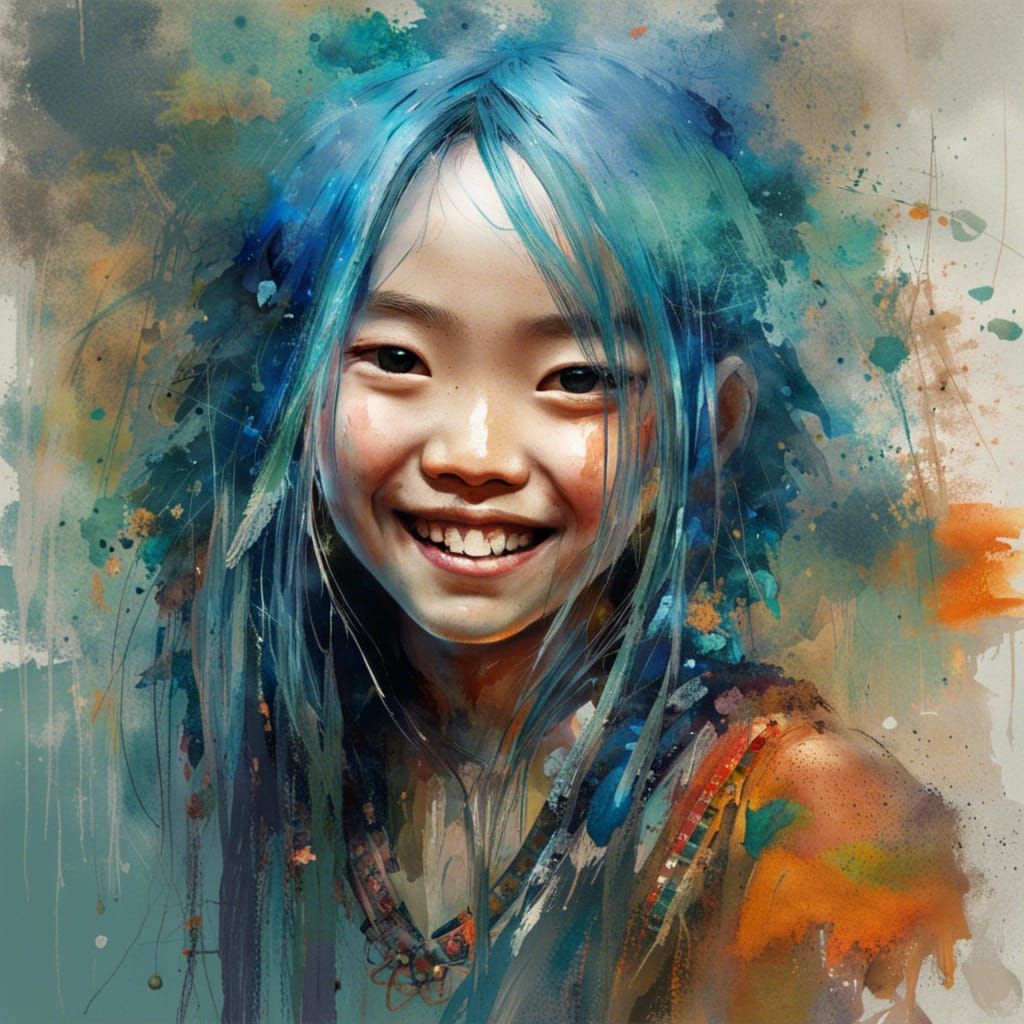 Smiling Hmong Girl Portrait with Blue Hair