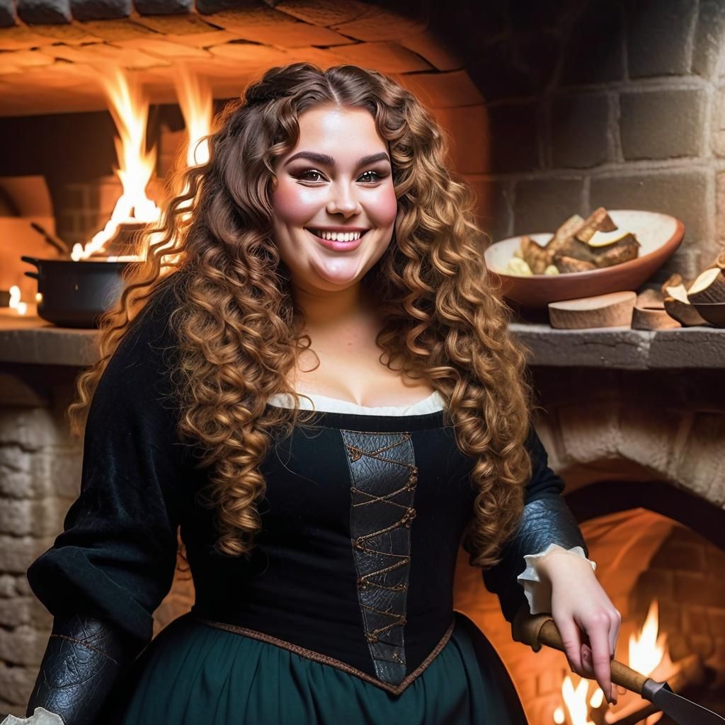 Medieval Woman Cooking a Dragon in Castle