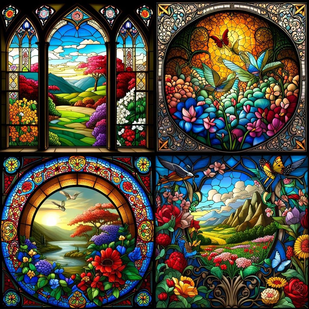 Stained Glass with Flowers, Birds, and Butterflies