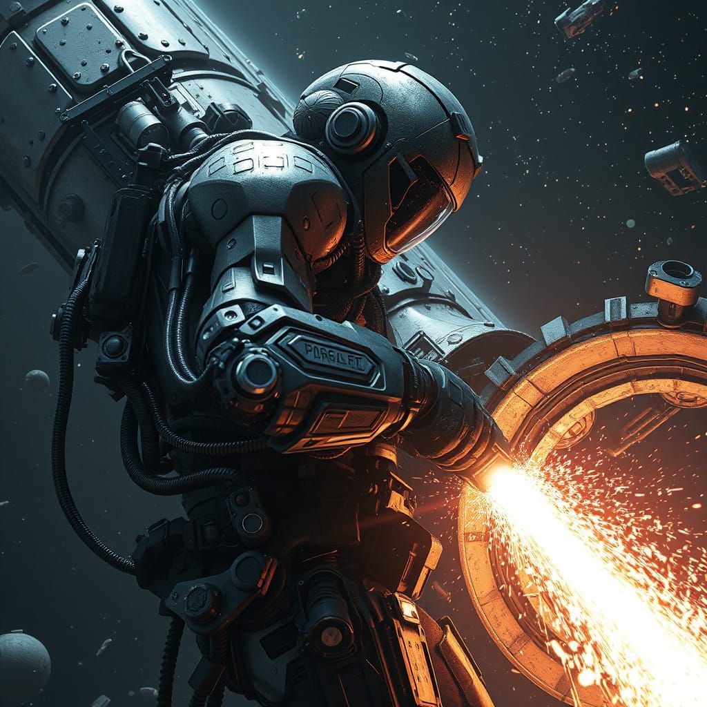 Cyberpunk Scavenger in Gritty Space Combat Scene