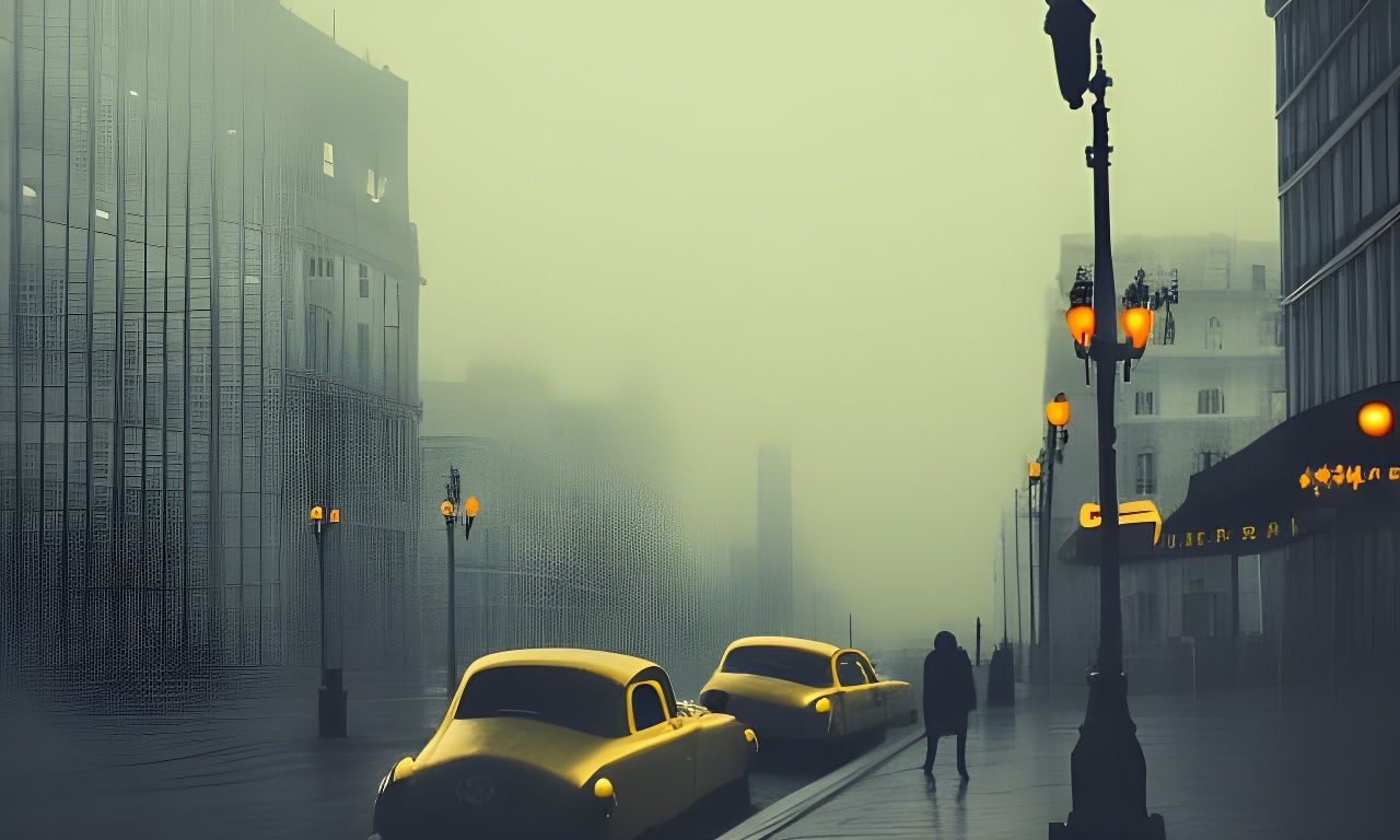 Rainy Cityscape in Film Noir Style