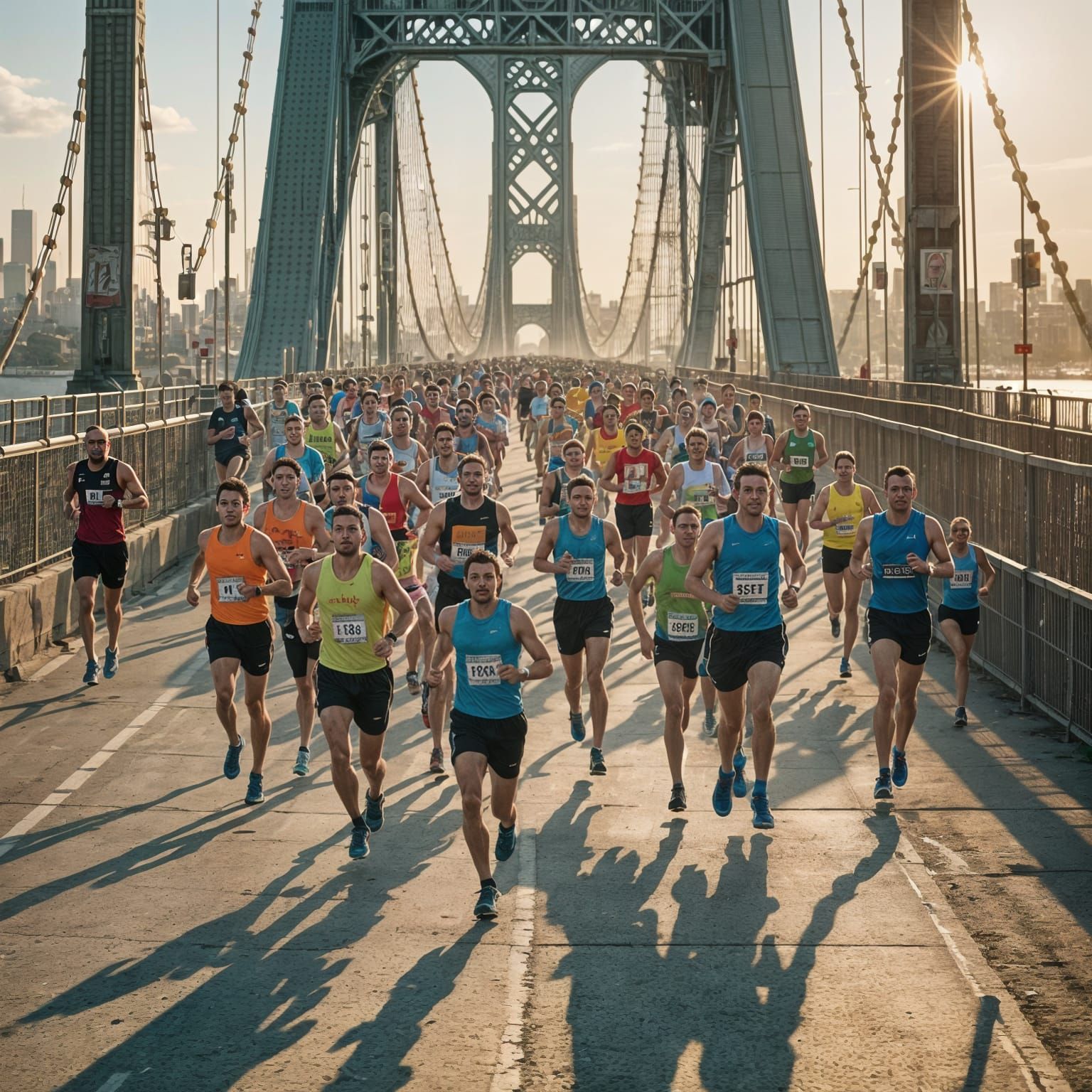 Marathon Runners Cross Ambassador Bridge in Hyper-Realism