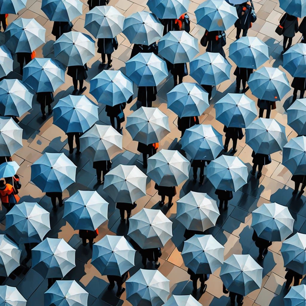 Impressionist People with Umbrellas in Low Poly Style