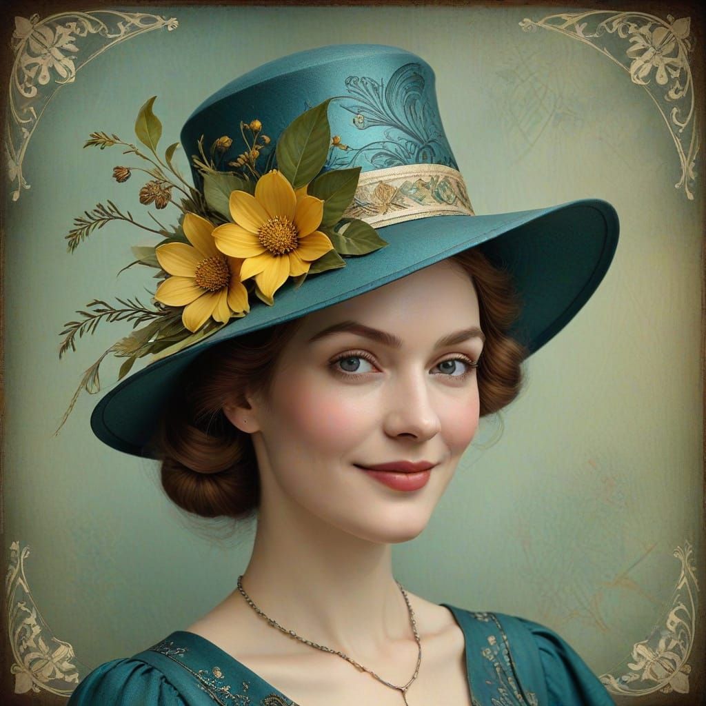 Smiling Woman in Art Nouveau Hat