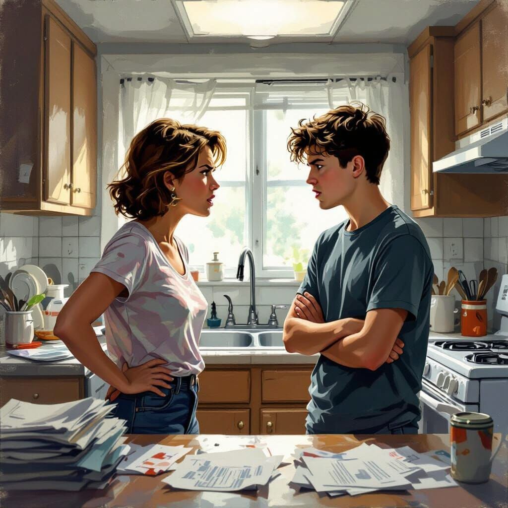Tense Kitchen Argument Between Mother and Son