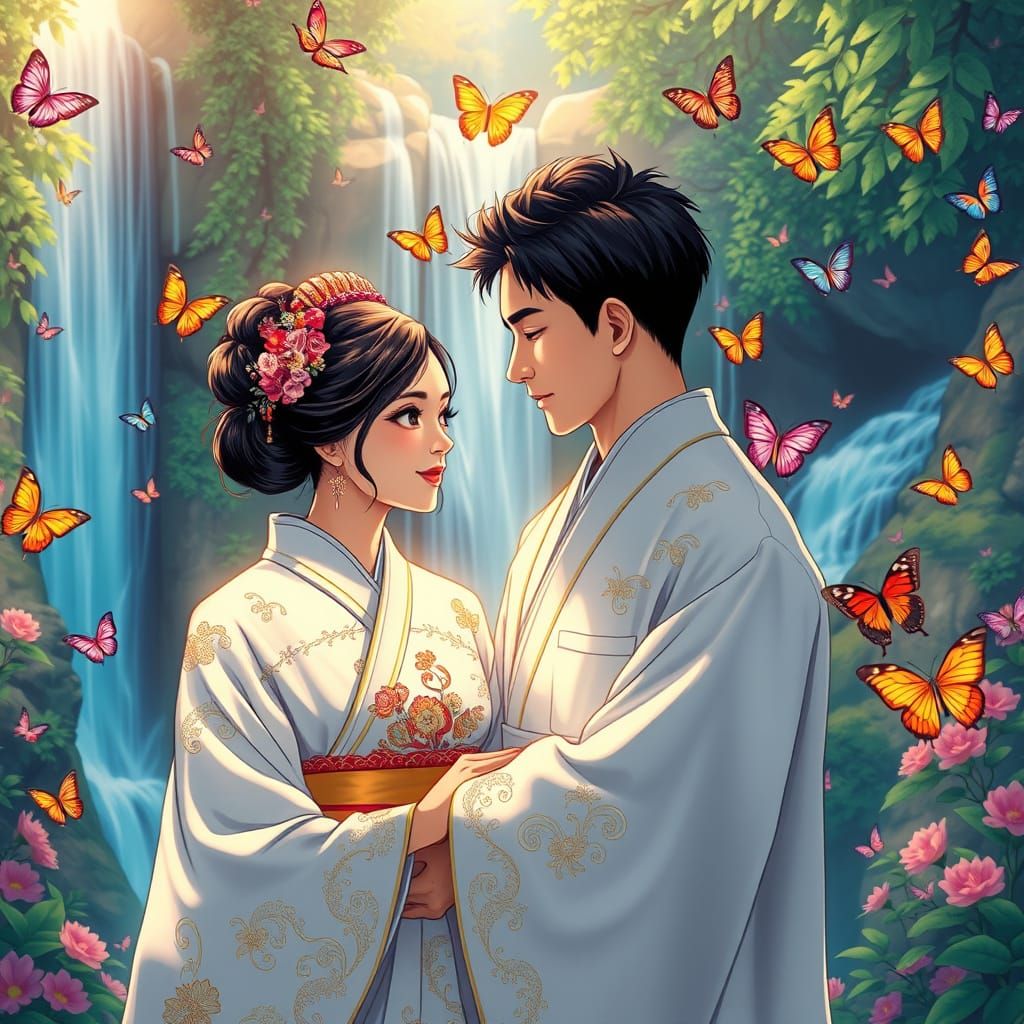 Surreal Anime Garden Scene with a Bride and Groom in Traditi...