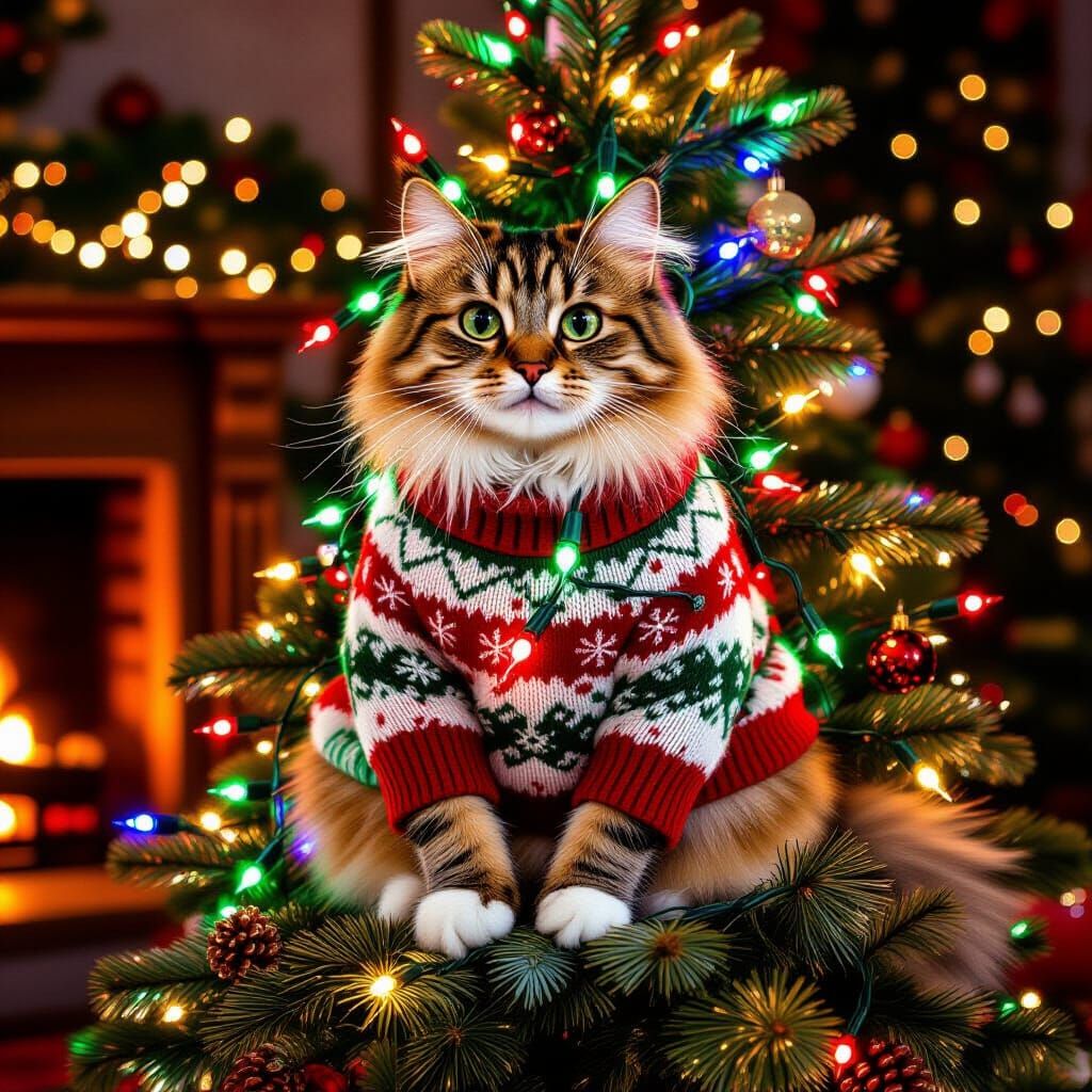 Cat in Chaotic Christmas Sweater on Tree
