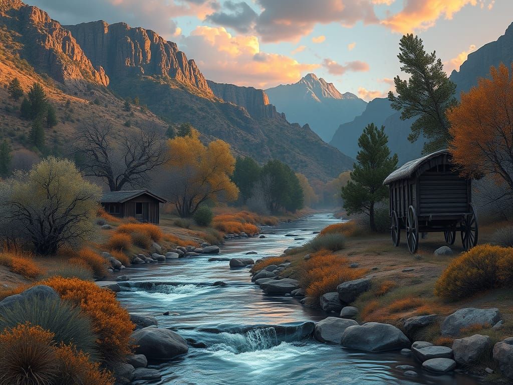 Acequia Near Covered Wagon in New Mexico