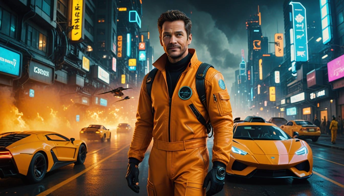 Cyberpunk Hero Smiles in Futuristic City