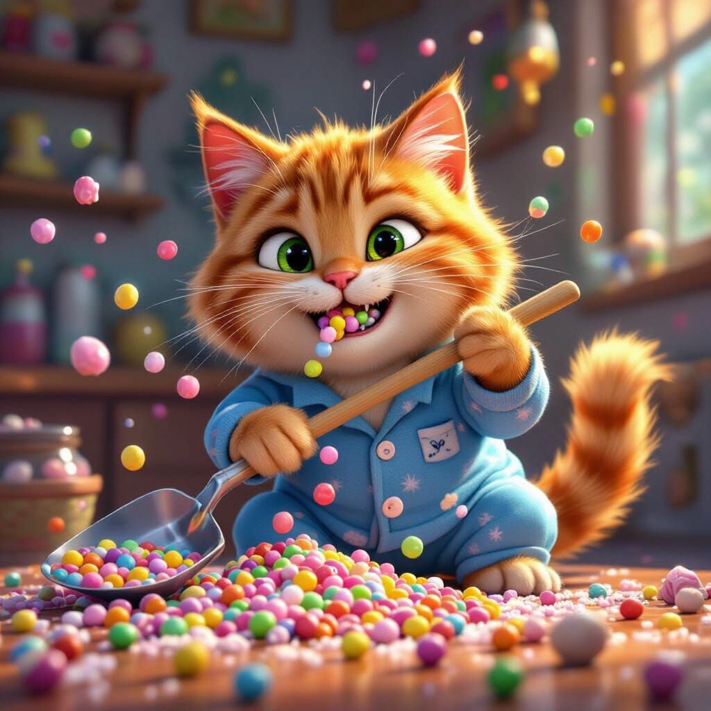 Tabby Cat's Candy Feast in Pixar-Style 3D Render