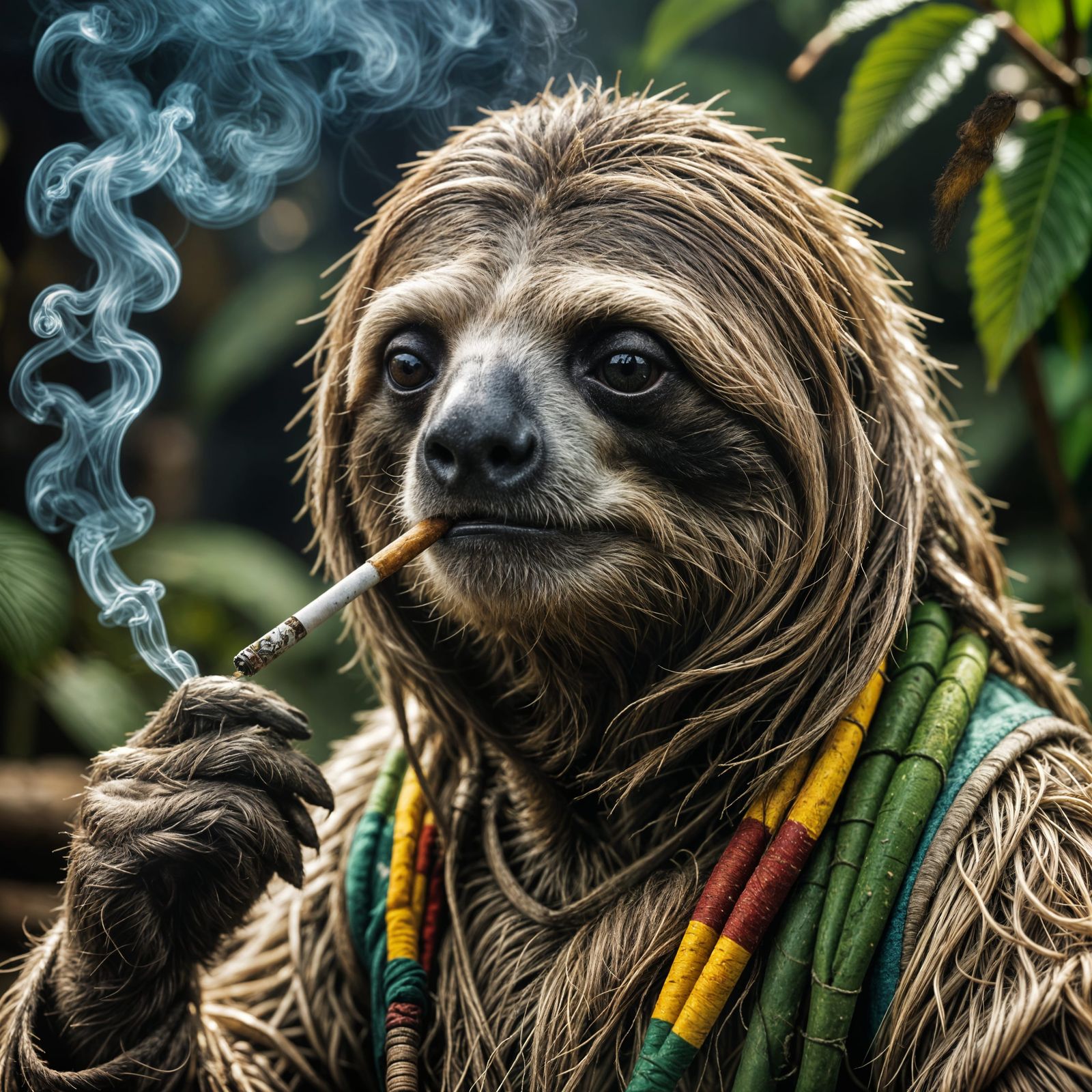Rastafarian Sloth Smokes Doobie in Moody Cinematic Style