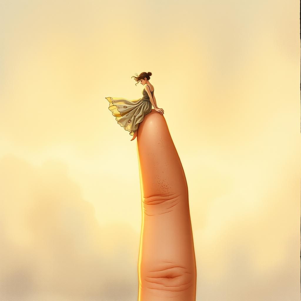 Person Balances on Giant Finger in Surreal Scene