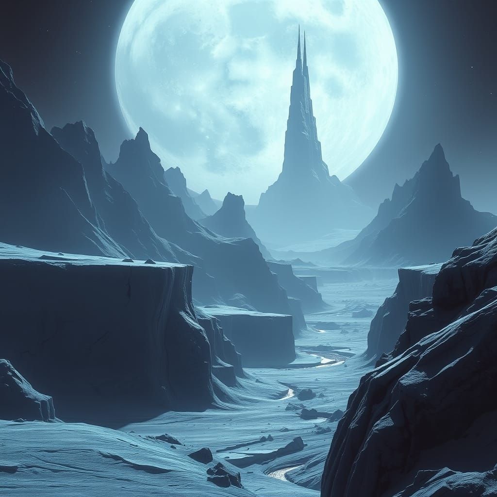 Frozen Moon Kaelas in Ethereal Icy Landscape