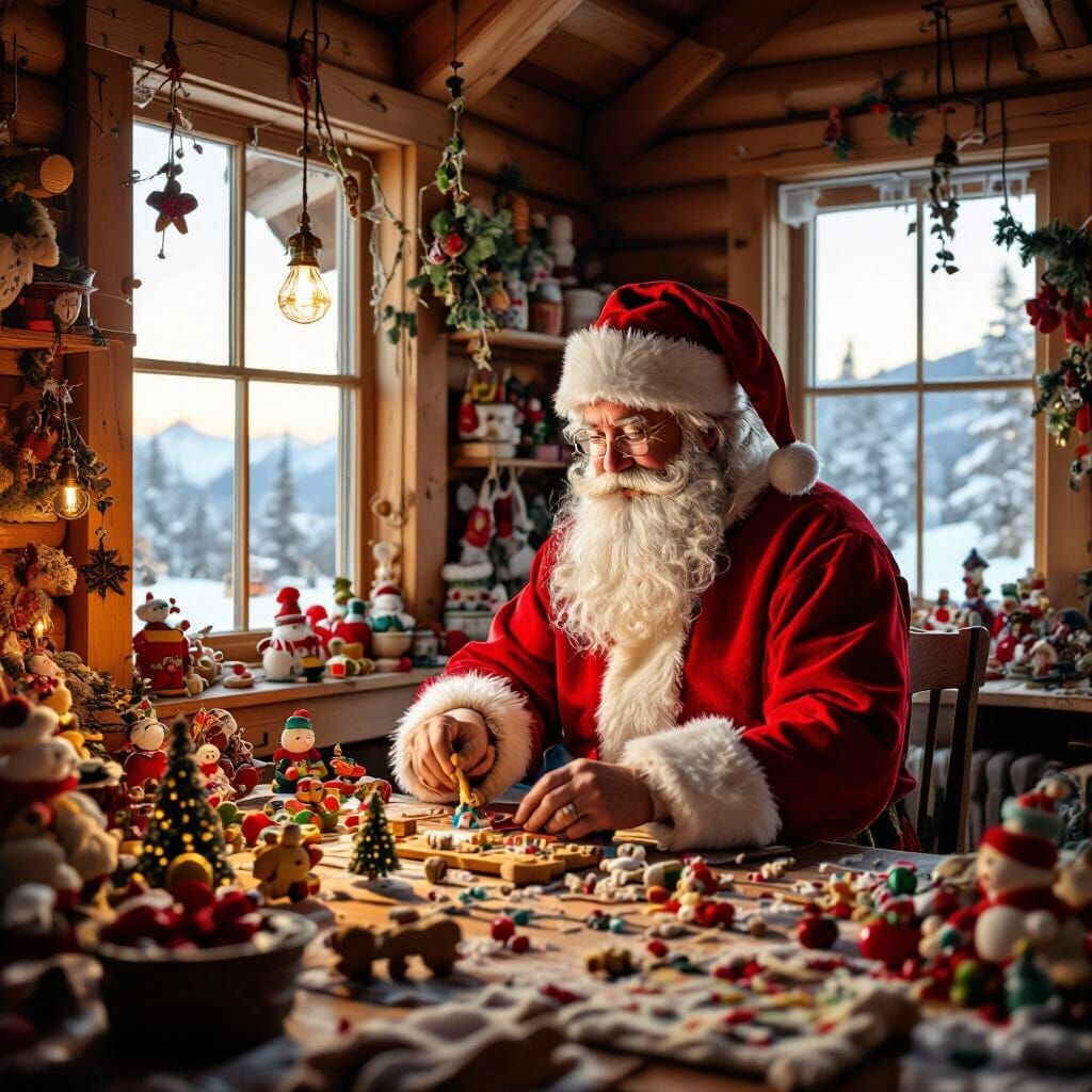 Santa Claus Building Toys in Cozy Lapland Workshop