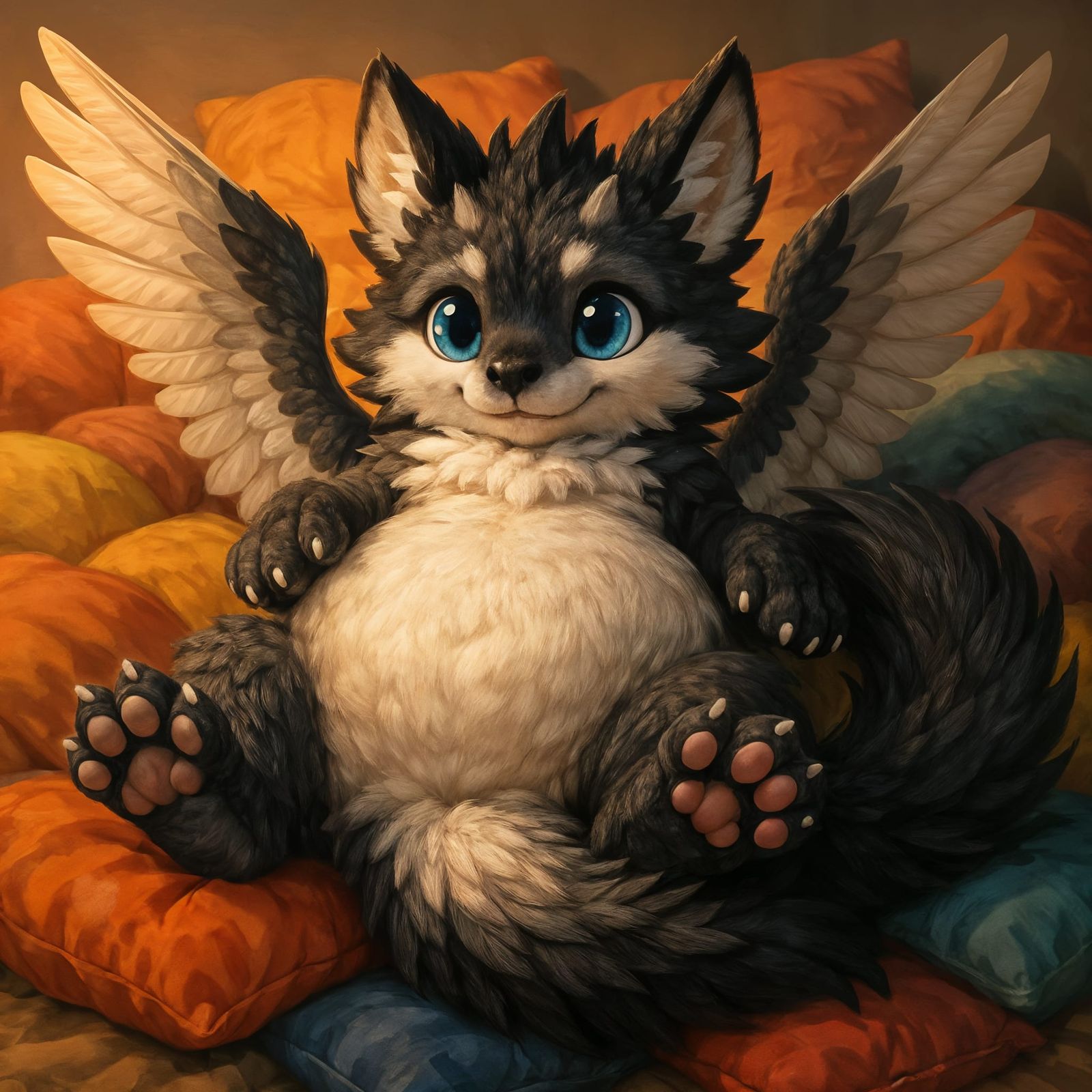 Cute Fluffy Dragon on Pillows