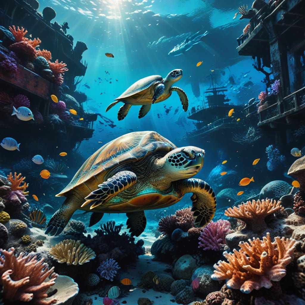 Turtle on Coral Reef in Expressionist Style