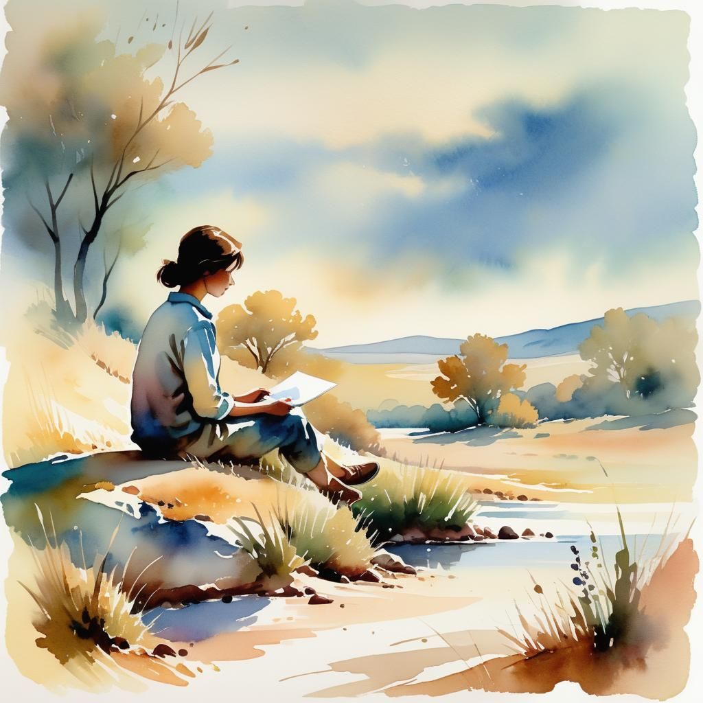 Serene Watercolor Landscape with Waiting Figure
