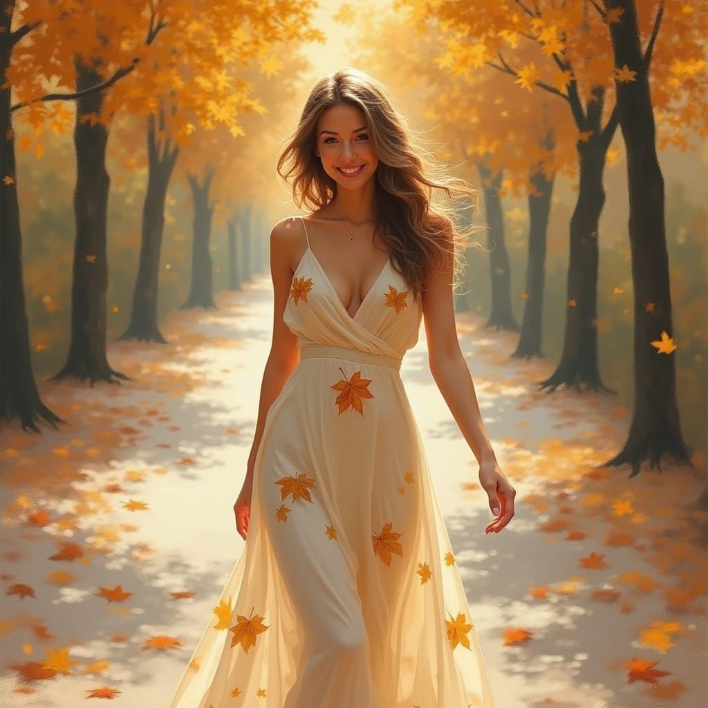 Serene Woman in Autumn Dress, Oil Painting Style