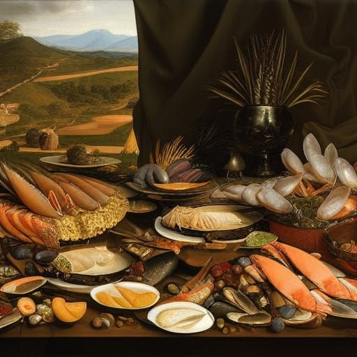 Brazilian Food Banquet Still Life, Photorealistic Painting