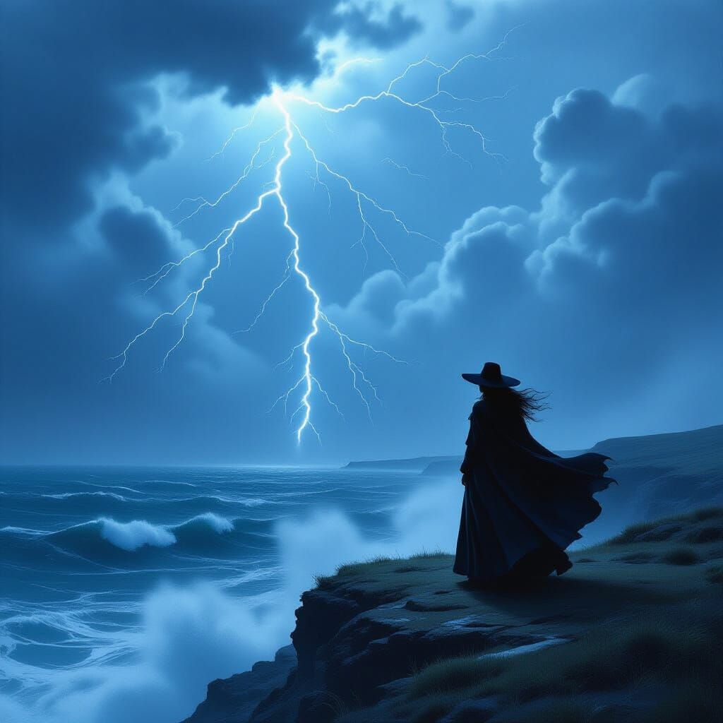 Witch on Cliff Overlooking Dark Sea in Dramatic Storm