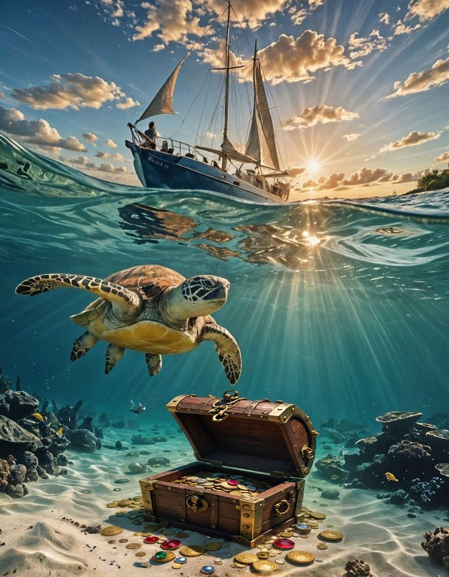 Sunken Pirate Treasure Chest of Emeralds and Pearls