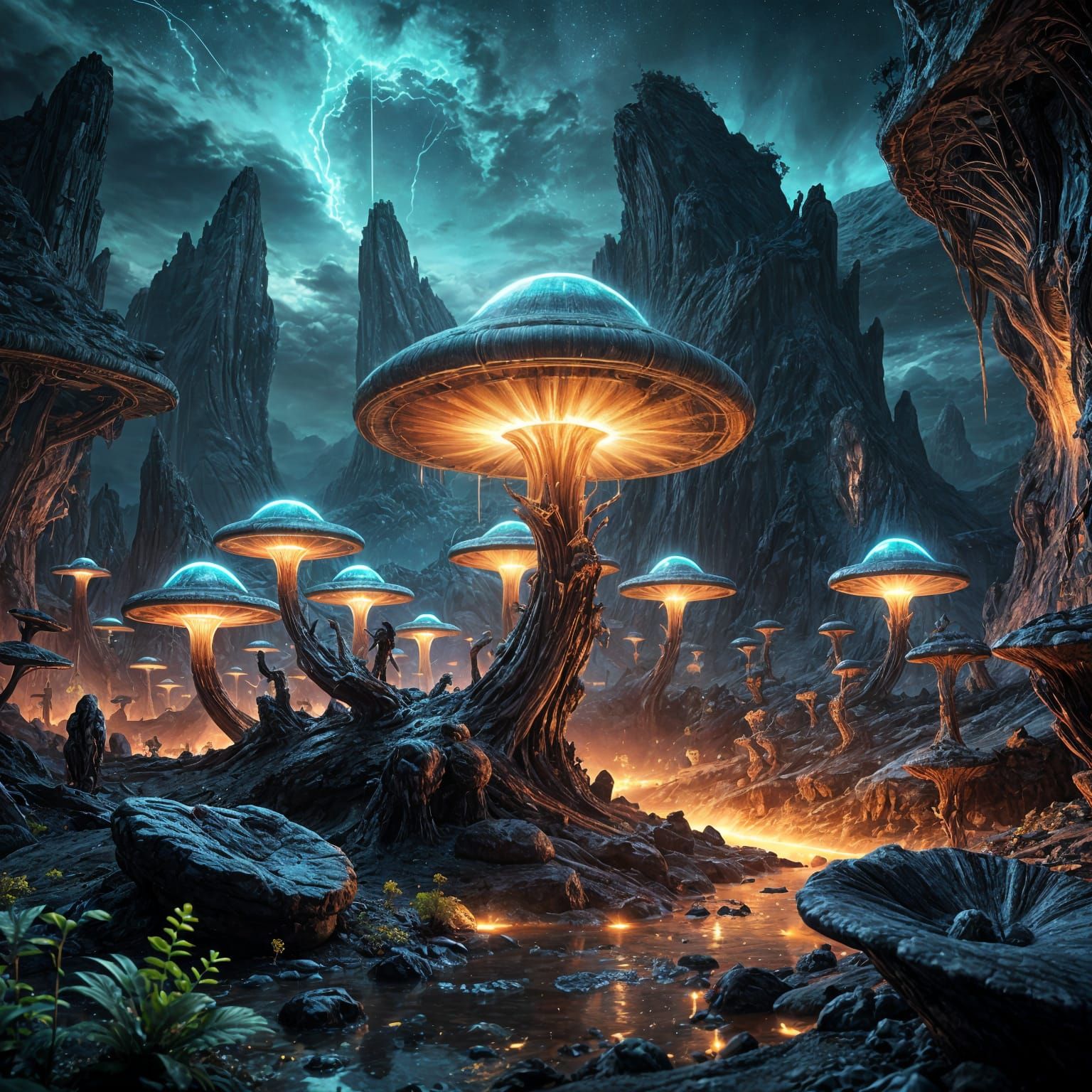 Futuristic Bio-Organic Luminescence on Alien Terrain