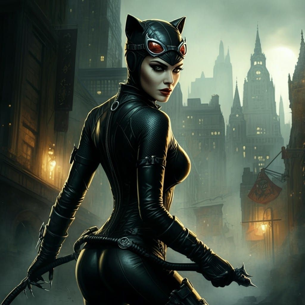 Catwoman in Gotham: A Cinematic Watercolor Painting