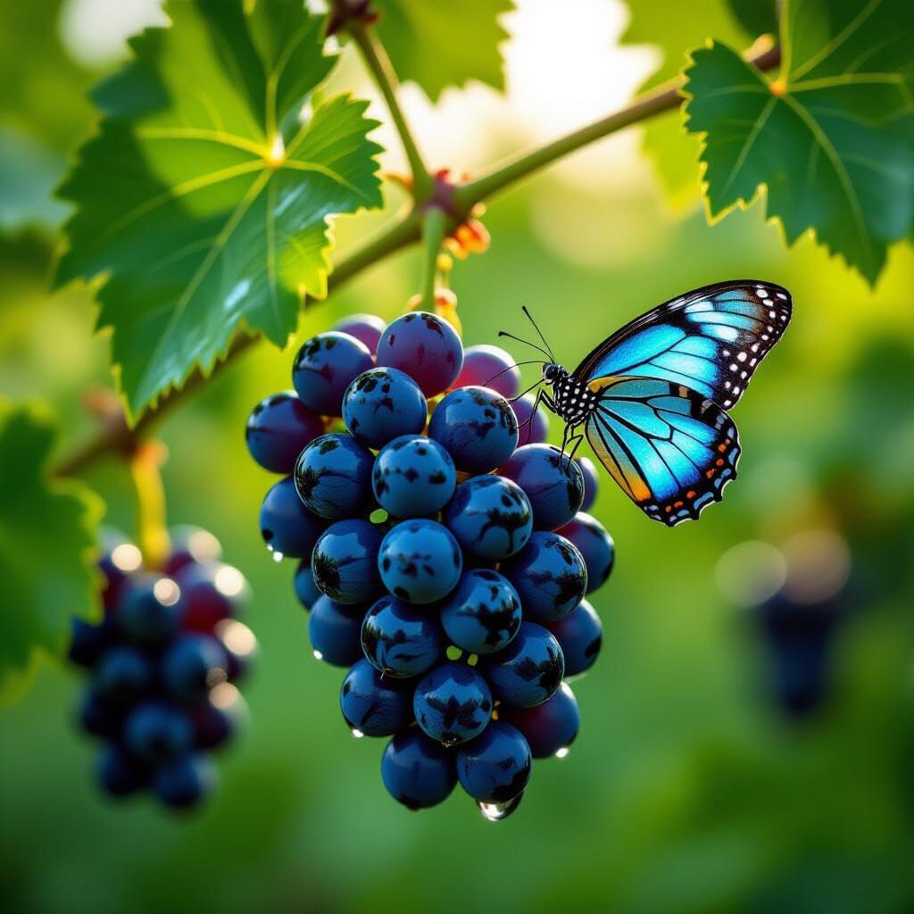 Ripe Grapes with Dew Drops and Butterfly