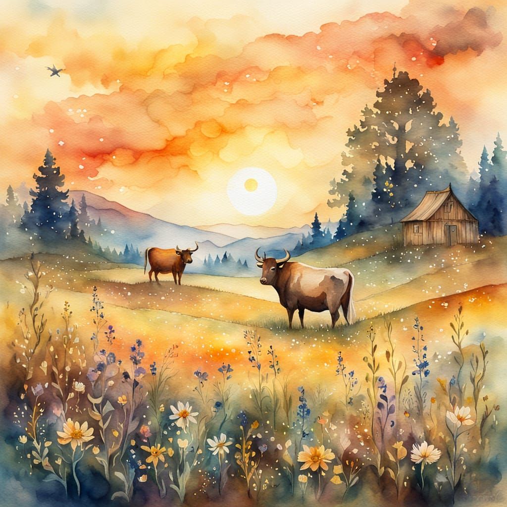 Glowing Fehu Rune on Wood in Watercolor Style