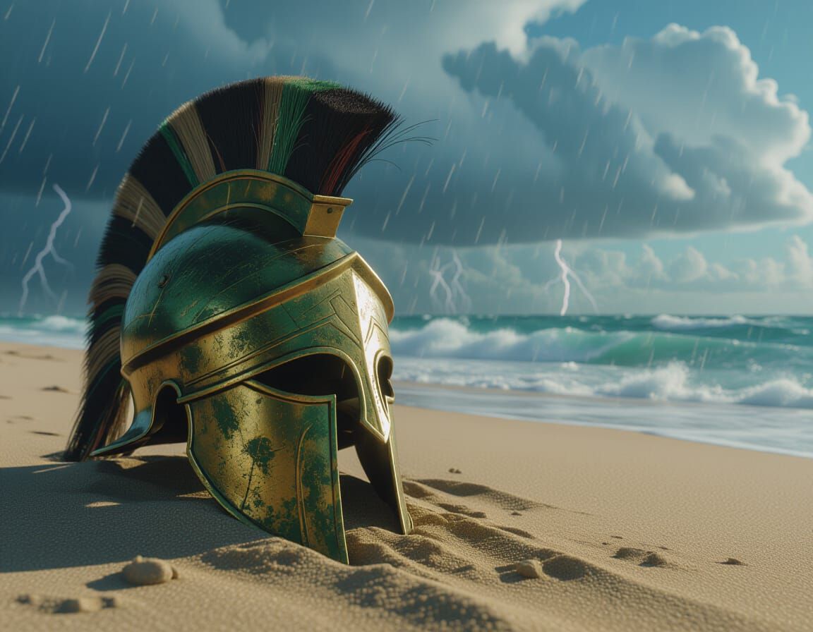 Spartan Helmet in Storm, Cinematic Realism